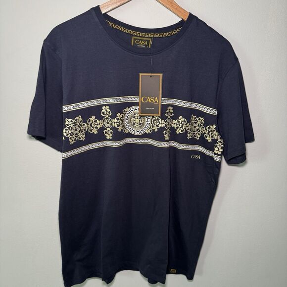 Casa Moda Couture Men’s Shirt Size Large Blue Versace Pattern Short Sleeves NWT - Picture 1 of 4